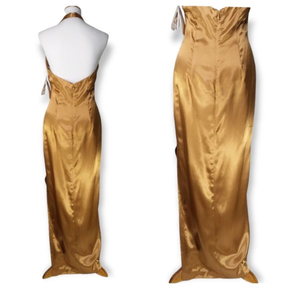 Vtg Jessica McClintock Gunne Sax Maxi Halter Dress Size 7/8 Liquid Gold Metallic - Picture 8 of 12